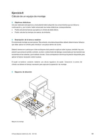 Ejercicio 8
Cálculo de un equipo de montaje
Objetivos didácticos
Una vez realizado esteejercicio, el estudiantehabrá adquirido los conocimientos queseindicana
continuación y, por lo tanto, habrá alcanzado las metas didácticas correspondientes:
 Podrá calcularlas fuerzas queaplicaun cilindrodedoble efecto.
 Podrá calcular los tiempos de avance de émbolos.
Descripción de la tarea a resolver
Ensistemademontaje seunenpiezas. Recurriendo alosdatosdisponibles deberá determinarse lafuerza
que debe aplicar el cilindro para introducir una pieza dentro de la otra.
Deberá tenerse en cuentaque si biensedispone dela presión aaplicar sobre lapieza, también hay una
presión que actúaensentido contrario, es decir, sobreel lado del vástago ocasionada por las resistencias
existentes enlas tuberías y porlaválvula devías. Estacontrapresión disminuye lapresión disponible para
aplicar la fuerza necesaria sobre la pieza.
El caudal se mantiene constante mediante una válvula reguladora de caudal. Conociendo la carrera del
cilindro se obtiene el tiempo necesario para ejecutar la operación de montaje.
Esquema de situación
Máquina de montaje
© Festo Didactic GmbH & Co. KG 551145 69
 