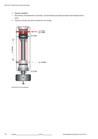Ejercicio8 –Cálculodeunequipodemontaje
70 Nombre: Fecha: ©FestoDidacticGmbH &Co. KG 551145
Tareas a resolver
1. Recurriendo alosparámetros conocidos, calculelafuerza que aplicalamáquina demontajesobre la
pieza.
2. Calcule el tiempo que dura la operación de montaje.
Esquema de funcionamiento
 