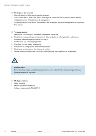 Ejercicio 9 – Clasificación de cajas de transporte
74 Nombre: Fecha: ©FestoDidacticGmbH &Co. KG 551145
Descripción del proceso
1. Una cajaabierta sedetieneenlaposicióndedesvío.
2. Al accionarlaválvula de 4/2vías avanza el vástago del cilindro desviando una cajaabierta desde la
cinta de transporte 1 hacia la cinta de transporte 2.
3. Al cambiar deposición laválvula manual de 4/2vías, el vástago del cilindro retrocede haciasuposición
final trasera.
Tareas a resolver
1. Describa el funcionamiento de válvulas reguladoras de caudal.
2. Describa la construcción y el funcionamiento de una válvula de estrangulación y antirretorno.
3. Complete el esquema de distribución hidráulico.
4. Confeccione una lista de componentes.
5. Efectúe el montaje según el esquema.
6. Compruebe la configuración del sistema de control.
7. Describa el funcionamiento del sistema de control.
8. Mida el tiempo que transcurre cuando el cilindro de doble efecto ejecuta sus movimientos.
Medios auxiliares
 Hojas de datos
 Manual de estudio: Hidráulica
 Software de simulación FluidSIM® H
Control visual
Enlahidráulica, realizar uncontrol visual constante delos tubos flexibles y delos componentes es
parte de la rutina de seguridad.
 