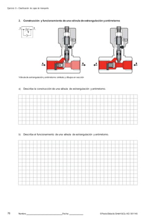 Ejercicio 9 – Clasificación de cajas de transporte
76 Nombre: Fecha: ©FestoDidacticGmbH &Co. KG 551145
2. Construcción y funcionamiento de una válvula de estrangulación yantirretorno
A B
Válvula de estrangulación y antirretorno: símbolo y dibujos en sección
a) Describa la construcción de una válvula de estrangulación y antirretorno.
b) Describa el funcionamiento de una válvula de estrangulación y antirretorno.
 