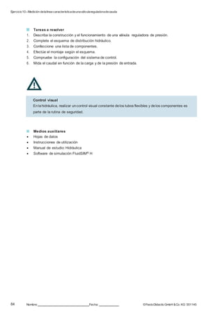 Ejercicio10–Medición delalínea característicadeunaválvulareguladoradecaudal
84 Nombre: Fecha: ©FestoDidacticGmbH &Co. KG 551145
Tareas a resolver
1. Describa la construcción y el funcionamiento de una válvula reguladora de presión.
2. Complete el esquema de distribución hidráulico.
3. Confeccione una lista de componentes.
4. Efectúe el montaje según el esquema.
5. Compruebe la configuración del sistema de control.
6. Mida el caudal en función de la carga y de la presión de entrada.
Medios auxiliares
 Hojas de datos
 Instrucciones de utilización
 Manual de estudio: Hidráulica
 Software de simulación FluidSIM® H
Control visual
Enlahidráulica, realizar uncontrol visual constante delos tubos flexibles y delos componentes es
parte de la rutina de seguridad.
 
