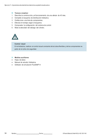 Ejercicio11–Ajustedelavelocidaddelmovimientodeunaplataformaelevadora
94 Nombre: Fecha: ©FestoDidacticGmbH &Co. KG 551145
Tareas a resolver
1. Describa la construcción y el funcionamiento de una válvula de 4/3 vías.
2. Complete el esquema de distribución hidráulico.
3. Confeccione una lista de componentes.
4. Efectúe el montaje según el esquema.
5. Compruebe la configuración del sistema de control.
6. Mida la velocidad del vástago del cilindro.
Medios auxiliares
 Hojas de datos
 Manual de estudio: Hidráulica
 Software de simulación FluidSIM® H
Control visual
Enlahidráulica, realizar uncontrol visual constante delos tubos flexibles y delos componentes es
parte de la rutina de seguridad.
 
