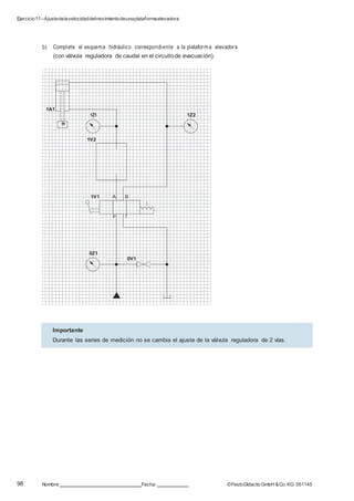 Ejercicio11–Ajustedelavelocidaddelmovimientodeunaplataformaelevadora
98 Nombre: Fecha: ©FestoDidacticGmbH &Co. KG 551145
b) Complete el esquema hidráulico correspondiente a la plataform a elevadora
(con válvula reguladora de caudal en el circuitode evacuación).
1A1
m
1Z1 1Z2
1V2
1V1 A B
P T
0Z1
0V1
Importante
Durante las series de medición no se cambia el ajuste de la válvula reguladora de 2 vías.
 