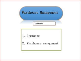 Warehouse Management
Contents
1, Instance
2, Warehouse management
 