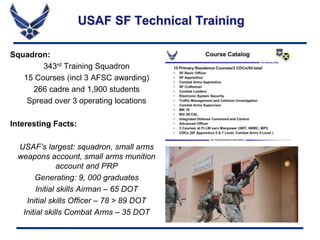 USAF SF Technical Training
Squadron:
343rd Training Squadron
15 Courses (incl 3 AFSC awarding)
266 cadre and 1,900 students
Spread over 3 operating locations
Interesting Facts:
USAF’s largest: squadron, small arms
weapons account, small arms munition
account and PRP
Generating: 9, 000 graduates
Initial skills Airman – 65 DOT
Initial skills Officer – 78 > 89 DOT
Initial skills Combat Arms – 35 DOT
 
