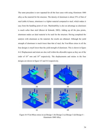 54
The same procedure is now repeated for all the four cases with using Aluminum 1060
alloy as the material for the structure. The density of aluminum is about 35% of that of
steel (table 6) hence, aluminum is a lighter material compared to steel, which makes it
easy from the handling point of view. Machinability is also an advantage as aluminum
is much softer than steel (Boresi & Schmidt, 2003). Adding up all the plus points,
aluminum makes an ideal material to be used for the structure. Having completed the
analysis with aluminum as the material, the results are obtained. Although the yield
strength of aluminum is much lower than that of steel, the Von-Mises stress in all the
four designs is much lower than the yield strength of aluminum. This is shown in figure
4-4. Displacement and strain are also well within the allowable region as they are of the
order of 10-3
mm and 10-5
respectively. The displacements and strains in the four
designs are shown in figure 4-5 and 4-6 respectively.
Figure 4-4 Von-Mises stress in (a) Design 1 (b) Design 2 (c) Design 3 (d) Design 4 –
Aluminum 1060 Alloy
 