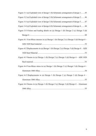 6
Figure 3-1 (a) Exploded view of design 1 (b) Schematic arrangement of design 1........45
Figure 3-2 (a) Exploded view of design 2 (b) Schematic arrangement of design 2........46
Figure 3-3 (a) Exploded view of design 3 (b) Schematic arrangement of design 3........47
Figure 3-4 (a) Exploded view of design 4 (b) Schematic arrangement of design 4........48
Figure 3-5 Fixture and loading details on (a) Design 1 (b) Design 2 (c) Design 3 (d)
Design 4 ..................................................................................................................49
Figure 4-1 Von-Mises stresses in (a) Design 1 (b) Design 2 (c) Design 3 (d) Design 4 –
AISI 1020 Steel material.........................................................................................52
Figure 4-2 Displacements in (a) Design 1 (b) Design 2 (c) Design 3 (d) Design 4 – AISI
1020 Steel Material .................................................................................................53
Figure 4-3 Strains in (a) Design 1 (b) Design 2 (c) Design 3 (d) Design 4 – AISI 1020
Steel material...........................................................................................................53
Figure 4-4 Von-Mises stress in (a) Design 1 (b) Design 2 (c) Design 3 (d) Design 4 –
Aluminum 1060 Alloy ............................................................................................54
Figure 4-5 Displacements in (a) Design 1 (b) Design 2 (c) Design 3 (d) Design 4 –
Aluminum 1060 Alloy ............................................................................................55
Figure 4-6 Strains in (a) Design 1 (b) Design 2 (c) Design 3 (d) Design 4 – Aluminum
1060 Alloy...............................................................................................................55
 