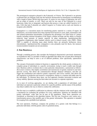 International Journal of Artificial Intelligence  Applications (IJAIA), Vol. 5, No. 5, September 2014 
The prototypical conjugative plasmid is the F-plasmid, or F-factor. The F-plasmid is an episome 
(a plasmid that can integrate itself into the bacterial chromosome by homologous recombination) 
with a length of about 100 kb (kilo base pairs). It carries its own origin of replication, the oriV, 
and an origin of transfer, or oriT. There can only be one copy of the F-plasmid in a given 
bacterium, either free or integrated, and bacteria that possess a copy are called F-positive or F-plus. 
Cells that lack F plasmids are called F-negative or F-minus and as such can function as 
58 
recipient cells [26][29]. 
Conjugation is a convenient means for transferring genetic material to a variety of targets. In 
laboratories, successful transfer have been reported from bacteria to yeast, plant, mammalian cells 
and isolated mammalian mitochondria. Conjugation has advantages over other forms of genetic 
transfer including minimal disruption of the target's cellular envelope and the ability to transfer 
relatively large amounts of genetic material. In plant engineering, Agrobacterium-like 
conjugation complements other standard vehicles such as tobacco mosaic virus (TMV). While 
TMV is capable of infecting many plant families these are primarily herbaceous dicots 
(dicotyledons). Agrobacterium-like conjugation is also primarily used for dicots, but monocot 
(monocotyledon) recipients are not uncommon. 
3. THE PROPOSAL 
Through a modeling process, that considers the biological characteristics previously mentioned, 
we hypothesize that it is possible to build an algorithm that taking into account these biological 
characteristics can help to solve a set of difficult problems, more specifically, optimization 
problems. 
The concept of horizontal evolution in bacterias is supported by the whole genetic evolution of a 
complete group of individuals in a specific environment, trying to reach a stable state through 
time. Bacterias achieve evolution due to some particular characteristics, summarized as follows: 
Horizontal evolution, that implies assimilation and transmission of genetic material in real time; 
Quorum sensing, that allows the communication through chemical substances, and that can 
trigger the coordination and collective genetic expression; and Colony stability, that allows the 
self regulation in production and resources consumption, aiming to a common and stable state for 
the individuals. To illustrate these ideas, our first approach considers horizontal evolution and 
colony stability. Quorum sensing has been taken into account in a separate experience. 
As in most of evolving approaches, we are dealing with a population of individuals, each 
individual can represent a particular solution for a specific problem, and the nature of the problem 
may help to address the way in which to conduct the codification. 
The first step is to establish a codification in coherence with the solutions in the search space, and 
a mechanism for evaluating the goodness for every codification. Solutions are identified with 
genetic individuals’ codes that can be part of the population. Three basic operations are 
considered; as illustrated in the algorithm schema. The first one, Transform code, carries out a 
transformation process that modifies part of the genetic information. This operation is intended 
for escaping from a probable local optimum. 
The next operation, Challenge, compares the goodness of a genetic code that belongs to a 
particular individual, with the genetic code of a potential enemy. 
 