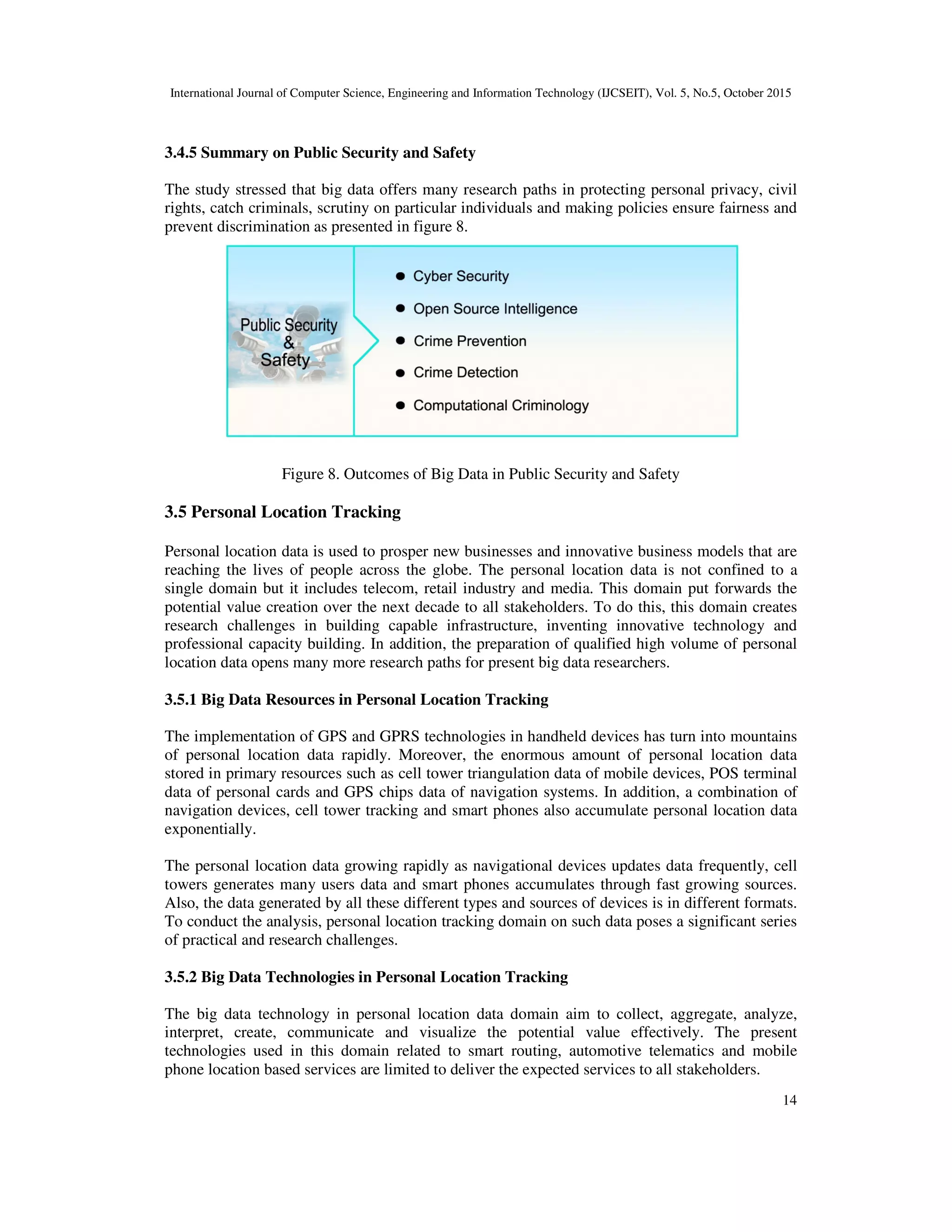 International Journal of Computer Science, Engineering and Information Technology (IJCSEIT), Vol. 5, No.5, October 2015
14
3.4.5 Summary on Public Security and Safety
The study stressed that big data offers many research paths in protecting personal privacy, civil
rights, catch criminals, scrutiny on particular individuals and making policies ensure fairness and
prevent discrimination as presented in figure 8.
Figure 8. Outcomes of Big Data in Public Security and Safety
3.5 Personal Location Tracking
Personal location data is used to prosper new businesses and innovative business models that are
reaching the lives of people across the globe. The personal location data is not confined to a
single domain but it includes telecom, retail industry and media. This domain put forwards the
potential value creation over the next decade to all stakeholders. To do this, this domain creates
research challenges in building capable infrastructure, inventing innovative technology and
professional capacity building. In addition, the preparation of qualified high volume of personal
location data opens many more research paths for present big data researchers.
3.5.1 Big Data Resources in Personal Location Tracking
The implementation of GPS and GPRS technologies in handheld devices has turn into mountains
of personal location data rapidly. Moreover, the enormous amount of personal location data
stored in primary resources such as cell tower triangulation data of mobile devices, POS terminal
data of personal cards and GPS chips data of navigation systems. In addition, a combination of
navigation devices, cell tower tracking and smart phones also accumulate personal location data
exponentially.
The personal location data growing rapidly as navigational devices updates data frequently, cell
towers generates many users data and smart phones accumulates through fast growing sources.
Also, the data generated by all these different types and sources of devices is in different formats.
To conduct the analysis, personal location tracking domain on such data poses a significant series
of practical and research challenges.
3.5.2 Big Data Technologies in Personal Location Tracking
The big data technology in personal location data domain aim to collect, aggregate, analyze,
interpret, create, communicate and visualize the potential value effectively. The present
technologies used in this domain related to smart routing, automotive telematics and mobile
phone location based services are limited to deliver the expected services to all stakeholders.
 