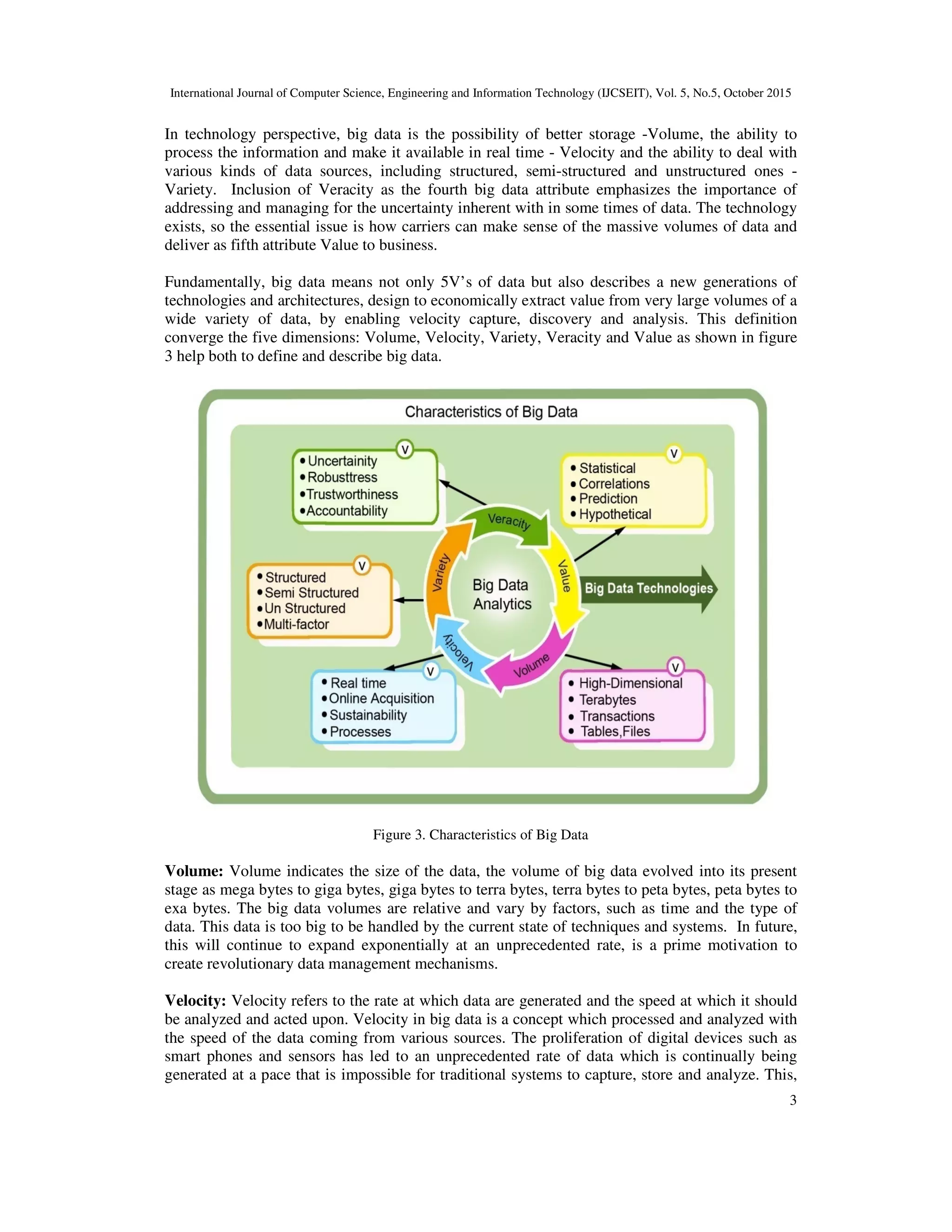 International Journal of Computer Science, Engineering and Information Technology (IJCSEIT), Vol. 5, No.5, October 2015
3
In technology perspective, big data is the possibility of better storage -Volume, the ability to
process the information and make it available in real time - Velocity and the ability to deal with
various kinds of data sources, including structured, semi-structured and unstructured ones -
Variety. Inclusion of Veracity as the fourth big data attribute emphasizes the importance of
addressing and managing for the uncertainty inherent with in some times of data. The technology
exists, so the essential issue is how carriers can make sense of the massive volumes of data and
deliver as fifth attribute Value to business.
Fundamentally, big data means not only 5V’s of data but also describes a new generations of
technologies and architectures, design to economically extract value from very large volumes of a
wide variety of data, by enabling velocity capture, discovery and analysis. This definition
converge the five dimensions: Volume, Velocity, Variety, Veracity and Value as shown in figure
3 help both to define and describe big data.
Figure 3. Characteristics of Big Data
Volume: Volume indicates the size of the data, the volume of big data evolved into its present
stage as mega bytes to giga bytes, giga bytes to terra bytes, terra bytes to peta bytes, peta bytes to
exa bytes. The big data volumes are relative and vary by factors, such as time and the type of
data. This data is too big to be handled by the current state of techniques and systems. In future,
this will continue to expand exponentially at an unprecedented rate, is a prime motivation to
create revolutionary data management mechanisms.
Velocity: Velocity refers to the rate at which data are generated and the speed at which it should
be analyzed and acted upon. Velocity in big data is a concept which processed and analyzed with
the speed of the data coming from various sources. The proliferation of digital devices such as
smart phones and sensors has led to an unprecedented rate of data which is continually being
generated at a pace that is impossible for traditional systems to capture, store and analyze. This,
 
