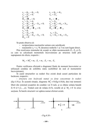 - 109 -
0R
i3i4i4r;0i3i4i4r
i2r;0i2r
;0r
R;0R
i2r;0i2r
i3i4i4r;0i3i4i4r
i2r;0i2r
R;0R
;0r
i2r;0i2r
i4i4r;0i4i4r
p3
3536233335362333
23322332
31
2421p12421p1
23232323
2423122224231222
12211221
12p112p1
13
12121212
171211171211
=
++==−−−
==−
=
−==−+
==−
++==−−−
==−
−==+
=
==−
+==−−
MMMM
MM
Se poate observa că:
- reciprocitatea reacţiunilor unitare este satisfăcută;
- reacţiunile r13= r31=0, deoarece nodurile 1 şi 3 nu sunt legate direct.
Prin rezolvarea sistemului de ecuaţii se obţin necunoscutele Z1, Z2 şi Z3,
cu care se calculează momentele încovoietoare pe structura reală prin
suprapunere de efecte, respectiv :
332211
0
pp ZmZmZmMM ⋅+⋅+⋅+=
Pentru verificarea eficientă a diagramei finale de moment încovoietor se
utilizează condiţia de echilibru static (echilibrul de nod al momentelor
încovoietoare).
În cazul structurilor cu noduri fixe există două cazuri particulare de
încărcare, respectiv:
- structura este încărcată numai cu forţe concentrate în noduri
(fig.4.10,a). În această situaţie, diagrama 0M
0
p ≡ (fig.4.10,b), deci toţi termenii
liberi din sistemul ecuaţiilor de condiţie vor fi nuli, şi se obţine soluţia banală
Zi=0 (i=1,2,…,n). Tinând cont de relaţia (4.5), rezultă că şi 0Mp ≡ în orice
secţiune. În barele structurii vor apărea numai eforturi axiale.
- Fig.4.10 -
SB
0o
pM
≡
a b
 