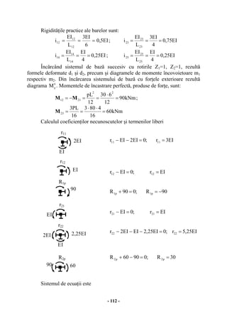 - 112 -
Rigidităţile practice ale barelor sunt:
EI5,0
6
EI3
L
EI
i
12
12
12 === ; EI75,0
4
EI3
L
EI
i
23
23
23 ===
EI25,0
4
EI
L
EI
i
14
14
14 === ; EI25,0
4
EI
L
EI
i
25
25
25 ===
Încărcând sistemul de bază succesiv cu rotirile Z1=1, Z2=1, rezultă
formele deformate d1 şi d2, precum şi diagramele de momente încovoietoare m1
respectiv m2. Din încărcarea sistemului de bază cu forţele exterioare rezultă
diagrama 0
p
M . Momentele de încastrare perfectă, produse de forţe, sunt:
kNm90
12
630
12
pL 22
2112 =
⋅
==−= MM ;
kNm60
16
4803
16
PL3
23 =
⋅⋅
==M
Calculul coeficienţilor necunoscutelor şi termenilor liberi
EI3r;0EI2EIr 1111 ==−−
EIr;0EIr 1212 ==−
90R;090R p1p1 −==+
EIr;0EIr 2121 ==−
EI25,5r;0EI25,2EIEI2r 2222 ==−−−
30R;09060R p2p2 ==−+
Sistemul de ecuaţii este
r11
2EI
EI
r21
EI
r22
2,25EI
EI
2EI
R2p
60
r12
EI
R1p
90
90
 