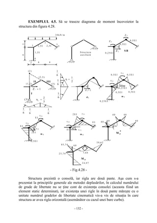 - 132 -
EXEMPLUL 4.5. Să se traseze diagrama de moment încovoietor la
structura din figura 4.28.
- Fig.4.28 -
Structura prezintă o consolă, iar rigla are două pante. Aşa cum s-a
prezentat la principiile generale ale metodei deplasărilor, în calculul numărului
de grade de libertate nu se ţine cont de existenţa consolei (aceasta fiind un
element static determinat), iar existenţa unei rigle în două pante măreşte cu o
unitate numărul gradelor de libertate cinematică vis-a vis de situaţia în care
structura ar avea rigla orizontală (asemănător cu cazul unei bare curbe).
S tru c tu ra
a u xilia ră
M p
0
4 0
4 0
4 0
4 0 6 0
m 1
r11
0 ,2 5 E I
0 ,5 E I
0 ,2 5 E I
S BZ 1
0 ,5 E I
0 ,5 E I
0 ,2 5 E I
III
1Z 1 =
(3 )
(1 ,2 )
I
(2 )
6
1
3
2
1
=η
1
II
(2 ,3 )
(3 )
2
1
=η
6
1
6
1
6
1
6
1
6
1
m 2
M p
2 4 ,9 7
3 9 ,6 2
2 5 ,7 4
m 3
Z 2
8 5 ,7 4
7 ,6 6
3 0 k N /m
1 ,5 I
6
4
2 ,5 I2 ,5 I
3
42
Z 3
Z 1 = 1
d 1
0 ,5 E I
0 ,5 E I
0 ,5 E I
r3 1
r2 1
0 ,5 E I
E I
E I
2 E I
r3 2
r2 2
r1 2
r3 3
r2 3
E I
2 E I
2 E I
E I
r1 3
1 3
4
2
6 0
 