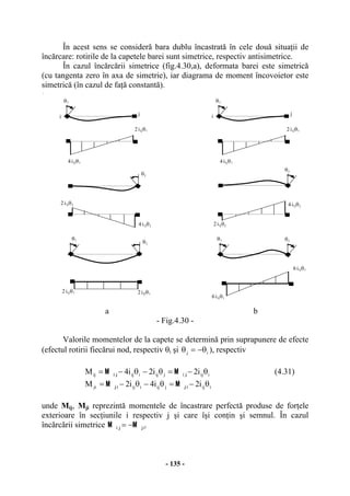 - 135 -
În acest sens se consideră bara dublu încastrată în cele două situaţii de
încărcare: rotirile de la capetele barei sunt simetrice, respectiv antisimetrice.
În cazul încărcării simetrice (fig.4.30,a), deformata barei este simetrică
(cu tangenta zero în axa de simetrie), iar diagrama de moment încovoietor este
simetrică (în cazul de faţă constantă).
a b
- Fig.4.30 -
Valorile momentelor de la capete se determină prin suprapunere de efecte
(efectul rotirii fiecărui nod, respectiv θi şi ij θ−=θ ), respectiv
iijjijiijij i2i2i4M θ−=θ−θ−= i ji j
MM
(4.31)
iijjijiijji i2i4i2M θ−=θ−θ−= j ij i
MM
unde Mij, Mji reprezintă momentele de încastrare perfectă produse de forţele
exterioare în secţiunile i respectiv j şi care îşi conţin şi semnul. În cazul
încărcării simetrice j ii j
MM
−= .
`
θi
2iijθi
4iijθi
θj
2iijθj
4iijθj
6iijθi
6iijθi
θi θj
θi
2iijθi
4iijθi
θj
4iijθj
2iijθj
θi
θj
2iijθi 2iijθi
i j i j
 