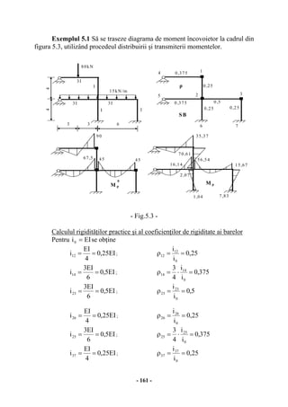 - 161 -
Exemplul 5.1 Să se traseze diagrama de moment încovoietor la cadrul din
figura 5.3, utilizând procedeul distribuirii şi transmiterii momentelor.
- Fig.5.3 -
Calculul rigidităţilor practice şi al coeficienţilor de rigiditate ai barelor
Pentru EIi0 = se obţine
EI25,0
4
EI
i12 == ; 25,0
i
i
0
12
12 ==ρ
EI5,0
6
EI3
i14 == ; 375,0
i
i
4
3
0
14
14 =⋅=ρ
EI5,0
6
EI3
i23 == ; 5,0
i
i
0
23
23 ==ρ
EI25,0
4
EI
i26 == ; 25,0
i
i
0
26
26 ==ρ
EI5,0
6
EI3
i25 == ; 375,0
i
i
4
3
0
25
25 =⋅=ρ
EI25,0
4
EI
i37 == ; 25,0
i
i
0
37
37 ==ρ
M p
0
7
2
SB
1
5
4
6
3
ρ
3I
15kN /m
3I
I I
4
3
I
3I
4
6
0,25
0,375
80kN
4545
3
67,5
90
0,375
0,250,25
0,5
M p
35,37
15,67
7,831,04
70,61
56,54
2,07
16,14
 