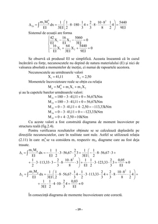 - 19 -
EI9
5440
4
2
1
8
810
8
3
2
4
3
1
1808
2
1
EI3
1
dx
EI
Mm 20
p2
p2 =⎟⎟
⎠
⎞
⎜⎜
⎝
⎛
⋅
⋅
⋅⋅+⋅⋅⋅==∆ ∫
Sistemul de ecuaţii are forma
⎪
⎩
⎪
⎨
⎧
=++−
=−−
0
EI9
5440
X
EI3
64
X
EI
16
0
EI3
5060
X
EI
16
X
EI
42
21
21
Se observă că produsul EI se simplifică. Aceasta înseamnă că în cazul
încărcării cu forţe, necunoscutele nu depind de natura materialului (E) şi nici de
valoarea absolută a momentelor de inerţie, ci numai de rapoartele acestora.
Necunoscutele au următoarele valori
11,41X1 = 50,2X2 =
Momentele încovoietoare reale se obţin cu relaţia
2211
0
pp XmXmMM ++=
şi au la capetele barelor următoarele valori:
kNm67,56011,413180M21 =+⋅−=
kNm67,56011,413180M23 =+⋅−=
kNm33,11350,2411,4130M32 −=⋅+⋅−=
kNm33,123011,4130M34 −=+⋅−=
kNm1050,240M35 =⋅+=
Cu aceste valori a fost construită diagrama de moment încovoietor pe
structura reală (fig.2.4).
Pentru verificarea rezultatelor obţinute se se calculează deplasările pe
direcţiile necunoscutelor, care în realitate sunt nule. Astfel se utilizează relaţia
(2.11) în care 0
im se va considera m1 respectiv m2, diagrame care au fost deja
trasate.
0
EI
05,0
3
3
2
33,1233
2
1
EI
1
3
8
810
8
3
2
333,1133
2
1
367,568
2
1
EI3
1
3
3
2
67,563
2
1
EI
1
dx
EI
Mm
2
p1
1
≈=⋅⋅⋅⋅+⎟⎟
⎠
⎞
⋅
⋅
⋅⋅−⋅⋅⋅+
⎜
⎝
⎛
+⋅⋅⋅−+⋅⋅⋅⋅−==∆ ∫
0
EI
03,0
4
3
2
104
2
1
EI3
1
4
2
1
8
810
8
3
2
4
3
2
33,1133
2
1
4
3
1
67,568
2
1
EI3
1
dx
EI
Mm 2
p2
2
≈=⋅⋅⋅⋅+
+⎟⎟
⎠
⎞
⋅
⋅
⋅⋅+⋅⋅⋅⎜
⎝
⎛
−⋅⋅⋅==∆ ∫
În consecinţă diagrama de momente încovoietoare este corectă.
 