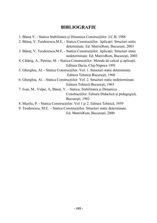 - 193 -
BIBLIOGRAFIE
1. Bănuţ V. - Statica Stabilitatea şi Dinamica Construcţiilor. I.C.B. 1988
2. Bănuţ, V, Teodorescu,M.E. - Statica Construcţiilor. Aplicaţii. Structuri static
determinate. Ed. MatrixRom, Bucureşti, 2003
3. Bănuţ, V, Teodorescu,M.E. - Statica Construcţiilor. Aplicaţii. Structuri static
nedeterminate. Ed. MatrixRom, Bucureşti, 2003
4. Cătărig, A., Petrina, M. - Statica Construcţiilor. Metode de calcul şi aplicaţii.
Editura Dacia, Cluj-Napoca 1991
5. Gherghiu, Al. - Statica Construcţiilor. Vol. 1. Structuri static determinate.
Editura Tehnică Bucureşti, 1960
6. Gherghiu, Al. - Statica Construcţiilor. Vol. 2. Structuri static nedeterminate.
Editura Tehnică Bucureşti, 1965
7. Ivan, M., Vulpe, A, Bănuţ, V. - Statica, Stabilitatea şi Dinamica
Construcţiilor. Editura Didactică şi pedagogică,
Bucureşti, 1982
8. Mazilu, P. - Statica Construcţiilor. Vol 1 şi 2. Editura Tehnică, 1959
9. Teodorescu, M.E. – Statica Construcţiilor. Structuri static determinate.
Ed. MatrixRom, Bucureşti, 2000
 