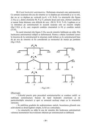 - 25 -
B) Cazul încărcării antisimetrice. Deformata structurii este antisimetrică.
Ca urmare secţiunea din axa de simetrie se va deplasa pe orizontală şi se va roti,
dar nu se va deplasa pe verticală (u≠0, v=0, θ≠0). La structurile din figura
2.10,a şi c, dintre eforturile M, N şi T, primele două sunt nule, eforturi simetrice
şi numai forţa tăietoare este diferită de zero (M=0, N=0, T≠0). Legătura ce se
va introduce pe semistructură în această secţiune este un reazem simplu
(fig.2.10,b şi d), care respectă condiţia cinematică (v=0) şi condiţia statică
(T≠0).
În cazul structurii din figura 2.10,e axa de simetrie întâlneşte un stâlp. Din
încărcarea antisimetrică stâlpul se deformează. Pentru a obţine rezultatul corect
la trecerea de la semistructură la structura reală trebuie ca în semistructură bara
de pe axa de simetrie să fie considerată cu momentul de inerţie pe jumătate
(fig.2.10,f).
- Fig.2.10 -
Observaţii:
- Calculul practic prin procedeul semistructurilor se conduce astfel: se
stabileşte semistructura funcţie de tipul încărcării exterioare şi de
particularităţile structurii şi apoi se urmează aceleaşi etape ca la structurile
oarecare;
- În stabilirea gradului de nedeterminare statică, încastrarea glisantă este
echivalentă cu două legături simple, la fel ca o articulaţie;
- La structurile cu stâlp în axa de simetrie din încărcarea antisimetrică
valoarea momentelor încovoietoare obţinute pe semistructură se dublează.
a
b
c
d
e f
I
I/2
 