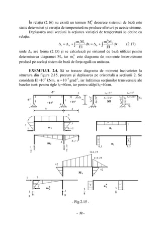 - 32 -
În relaţia (2.16) nu există un termen
0
tM deoarece sistemul de bază este
static determinat şi variaţia de temperatură nu produce eforturi pe aceste sisteme.
Deplasarea unei secţiuni la acţiunea variaţiei de temperatură se obţine cu
relaţia:
∫∫ +∆=+∆=∆ dx
EI
Mm
dx
EI
Mm t
0
i
it
ti
iti (2.17)
unde ∆it are forma (2.15) şi se calculează pe sistemul de bază utilizat pentru
determinarea diagramei Mt, iar
0
im este diagrama de momente încovoietoare
produsă pe acelaşi sistem de bază de forţa egală cu unitatea.
EXEMPLUL 2.4. Să se traseze diagrama de moment încovoietor la
structura din figura 2.15, precum şi deplasarea pe orizontală a secţiunii 2. Se
consideră EI=105
kNm,
5
10
−
=α grad-1
, iar înălţimea secţiunilor transversale ale
barelor sunt: pentru rigle hr=60cm, iar pentru stâlpi hs=40cm.
- Fig.2.15 -
X1
X2=1
m1
3I3I
8 4
SB
3
m2
2
3
2
1
1
II
X2
X1=1
3
4
0,5
M t
_
1,5
_
3
3
1
2 3
4
5
+15o +15o
-5o
-5o
tm=5o
tm=5o
tm=5
o
tm=15
o
∆t=20o ∆t=20o∆t=20
o
∆t=0
o
+
1
n1
n2
42
42
119,25
161,25
mu
8
3
8
3
_
+ nu
1
1
3
8
3
8
3o
o
 