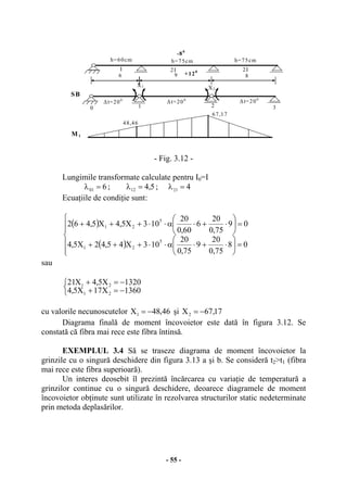 - 55 -
- Fig. 3.12 -
Lungimile transformate calculate pentru I0=I
601 =λ ; 5,412 =λ ; 423 =λ
Ecuaţiile de condiţie sunt:
( )
( )
⎪
⎪
⎩
⎪⎪
⎨
⎧
=⎟
⎠
⎞
⎜
⎝
⎛
⋅+⋅α⋅⋅+++
=⎟
⎠
⎞
⎜
⎝
⎛
⋅+⋅α⋅⋅+++
08
75,0
20
9
75,0
20
103X45,42X5,4
09
75,0
20
6
60,0
20
103X5,4X5,462
5
21
5
21
sau
⎩
⎨
⎧
−=+
−=+
1360X17X5,4
1320X5,4X21
21
21
cu valorile necunoscutelor 46,48X1 −= şi 17,67X2 −=
Diagrama finală de moment încovoietor este dată în figura 3.12. Se
constată că fibra mai rece este fibra întinsă.
EXEMPLUL 3.4 Să se traseze diagrama de moment încovoietor la
grinzile cu o singură deschidere din figura 3.13 a şi b. Se consideră t2>t1 (fibra
mai rece este fibra superioară).
Un interes deosebit îl prezintă încărcarea cu variaţie de temperatură a
grinzilor continue cu o singură deschidere, deoarece diagramele de moment
încovoietor obţinute sunt utilizate în rezolvarea structurilor static nedeterminate
prin metoda deplasărilor.
X1
M t
SB
2I
8
-80
6 9
I 2I
X2
+120
∆t=200
∆t=200
∆t=200
h=60cm h=75cm h=75cm
67,17
48,46
0 1 2 3
 