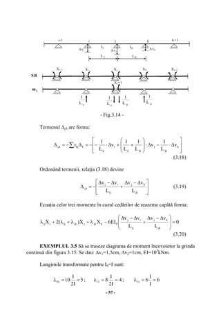 - 57 -
- Fig.3.14 -
Termenul ∆j∆ are forma:
∑
⎥
⎥
⎦
⎤
⎢
⎢
⎣
⎡
∆⋅−∆⋅
⎟
⎟
⎠
⎞
⎜
⎜
⎝
⎛
++∆⋅−−=∆−=∆ ∆ k
jk
j
jkij
i
ij
kkjj v
L
1
v
L
1
L
1
v
L
1
r
(3.18)
Ordonând termenii, relaţia (3.18) devine
⎥
⎥
⎦
⎤
⎢
⎢
⎣
⎡ ∆−∆
+
∆−∆
−=∆ ∆
jk
kj
ij
ij
j
L
vv
L
vv
(3.19)
Ecuaţia celor trei momente în cazul cedărilor de reazeme capătă forma:
0
L
vv
L
vv
EI6XX)(2X
jk
kj
ij
ij
0kjkjjkijiij =
⎟
⎟
⎠
⎞
⎜
⎜
⎝
⎛ ∆−∆
+
∆−∆
−λ+λ+λ+λ
(3.20)
EXEMPLUL 3.5 Să se traseze diagrama de moment încovoietor la grinda
continuă din figura 3.15. Se dau: ∆v1=1,5cm, ∆v2=1cm, EI=105
kNm.
Lungimile transformate pentru I0=I sunt:
5
I2
I
1001 ==λ ; 4
I2
I
812 ==λ ; 6
I
I
623 ==λ
Xi Xj Xk Xk +1Xi-1
SB
i j k k+1i-1
Iij Ijk
LjkLij
Xj=1
mj
∆vi ∆vj
∆vk
ijL
1
ijL
1
jkL
1
jkL
1
 
