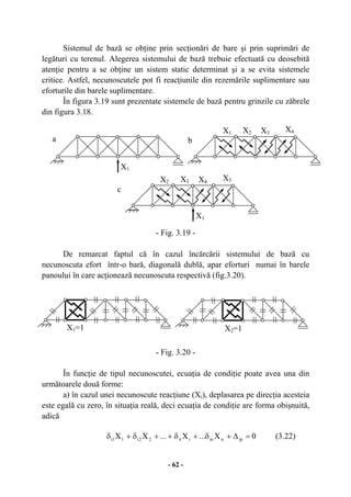 - 62 -
Sistemul de bază se obţine prin secţionări de bare şi prin suprimări de
legături cu terenul. Alegerea sistemului de bază trebuie efectuată cu deosebită
atenţie pentru a se obţine un sistem static determinat şi a se evita sistemele
critice. Astfel, necunoscutele pot fi reacţiunile din rezemările suplimentare sau
eforturile din barele suplimentare.
În figura 3.19 sunt prezentate sistemele de bază pentru grinzile cu zăbrele
din figura 3.18.
- Fig. 3.19 -
De remarcat faptul că în cazul încărcării sistemului de bază cu
necunoscuta efort într-o bară, diagonală dublă, apar eforturi numai în barele
panoului în care acţionează necunoscuta respectivă (fig.3.20).
- Fig. 3.20 -
În funcţie de tipul necunoscutei, ecuaţia de condiţie poate avea una din
următoarele două forme:
a) în cazul unei necunoscute reacţiune (Xi), deplasarea pe direcţia acesteia
este egală cu zero, în situaţia reală, deci ecuaţia de condiţie are forma obişnuită,
adică
0X...X...XX ipniniii22i11i =∆+δ+δ++δ+δ (3.22)
X1
X4X1 X2 X3
X5X2 X3 X4
X1
a b
c
X1=1 X2=1
 
