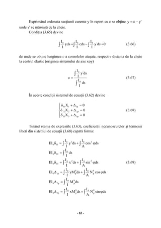 - 83 -
Exprimând ordonata secţiunii curente y în raport cu c se obţine 'ycy −=
unde y' se măsoară de la cheie.
Condiţia (3.65) devine
0dsy
I
I
cds
I
I
yds
I
I '000
∫ ∫∫ =−= (3.66)
de unde se obţine lungimea c a consolelor ataşate, respectiv distanţa de la cheie
la centrul elastic (originea sistemului de axe xoy)
∫
∫
=
ds
I
I
dsy
I
I
c
0
'0
(3.67)
În aceste condiţii sistemul de ecuaţii (3.62) devine
⎪
⎩
⎪
⎨
⎧
=∆+δ
=∆+δ
=∆+δ
0X
0X
0X
p3333
p2222
p1111
(3.68)
Tinând seama de expresiile (3.63), coeficienţii necunoscutelor şi termenii
liberi din sistemul de ecuaţii (3.68) capătă forma:
∫ ∫ ϕ+=δ dscos
A
I
dsy
I
I
EI 2020
110
∫=δ ds
I
I
EI 0
220
∫ ∫ ϕ+=δ dssin
A
I
dsx
I
I
EI 2020
330 (3.69)
∫ ∫ ϕ+=∆ dscosN
A
I
dsyM
I
I
EI 0
p
00
p
0
p10
∫=∆ dsM
I
I
EI 0
p
0
p20
∫ ∫ ϕ+=∆ dssinN
A
I
dsxM
I
I
EI 0
p
00
p
0
p30
 
