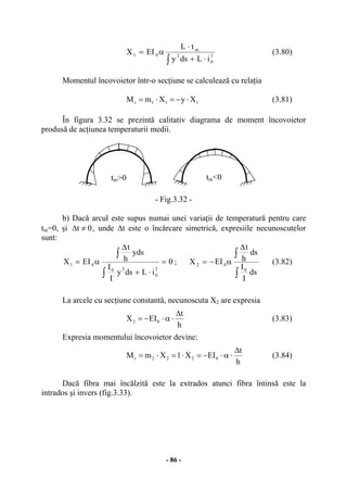 - 86 -
2
0
2
m
01
iLdsy
tL
EIX
⋅+
⋅
α=
∫
(3.80)
Momentul încovoietor într-o secţiune se calculează cu relaţia
111t XyXmM ⋅−=⋅= (3.81)
În figura 3.32 se prezintă calitativ diagrama de moment încovoietor
produsă de acţiunea temperaturii medii.
- Fig.3.32 -
b) Dacă arcul este supus numai unei variaţii de temperatură pentru care
tm=0, şi 0t ≠∆ , unde ∆t este o încărcare simetrică, expresiile necunoscutelor
sunt:
0
iLdsy
I
I
yds
h
t
EIX
2
0
20
01 =
⋅+
∆
α=
∫
∫
;
∫
∫
∆
α−=
ds
I
I
ds
h
t
EIX
0
02 (3.82)
La arcele cu secţiune constantă, necunoscuta X2 are expresia
h
t
EIX 02
∆
⋅α⋅−= (3.83)
Expresia momentului încovoietor devine:
h
t
EIX1XmM 0222t
∆
⋅α⋅−=⋅=⋅= (3.84)
Dacă fibra mai încălzită este la extrados atunci fibra întinsă este la
intrados şi invers (fig.3.33).
tm>0 tm<0
 