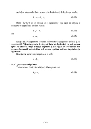 - 10 -
Aplicând teorema lui Betti pentru cele două situaţii de încărcare rezultă:
jjiiij RR ∆⋅=∆⋅ (1.15)
Dacă ∆i=∆j=1 şi se notează cu r reacţiunile care apar ca urmare a
încărcării cu deplasările unitate, rezultă
jiij r1r1 ⋅=⋅ (1.16)
sau
jiij rr = (1.17)
Relaţia (1.17) reprezintă teorema reciprocităţii reacţiunilor unitare şi se
enunţă astfel: "Reacţiunea din legătura i datorată încărcării cu o deplasare
egală cu unitatea după direcţia legăturii j este egală cu reacţiunea din
legătura j datorată încărcării cu o deplasare egală cu unitatea după direcţia
legăturii i".
Reacţiunile unitare se mai pot nota şi astfel
ijij kr = (1.18)
unde kij se numeste rigiditate.
Tinând seama de (1.18), relaţia (1.17) capătă forma
jiij kk = (1.19)
 