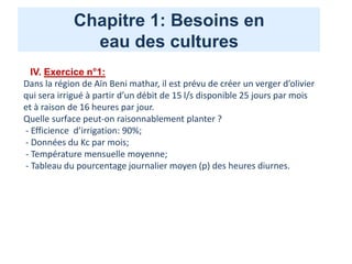 Chapitre 1: Besoins en
eau des cultures
IV. Exercice n°1:
Dans la région de Aïn Beni mathar, il est prévu de créer un verger d’olivier
qui sera irrigué à partir d’un débit de 15 l/s disponible 25 jours par mois
et à raison de 16 heures par jour.
Quelle surface peut-on raisonnablement planter ?
- Efficience d’irrigation: 90%;
- Données du Kc par mois;
- Température mensuelle moyenne;
- Tableau du pourcentage journalier moyen (p) des heures diurnes.
 