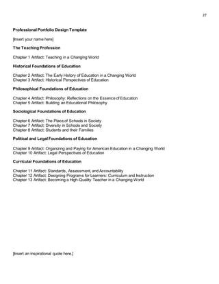 27
Professional Portfolio Design Template
[Insert your name here]
The Teaching Profession
Chapter 1 Artifact: Teaching in a Changing World
Historical Foundations of Education
Chapter 2 Artifact: The Early History of Education in a Changing World
Chapter 3 Artifact: Historical Perspectives of Education
Philosophical Foundations of Education
Chapter 4 Artifact: Philosophy: Reflections on the Essence of Education
Chapter 5 Artifact: Building an Educational Philosophy
Sociological Foundations of Education
Chapter 6 Artifact: The Place of Schools in Society
Chapter 7 Artifact: Diversity in Schools and Society
Chapter 8 Artifact: Students and their Families
Political and Legal Foundations of Education
Chapter 9 Artifact: Organizing and Paying for American Education in a Changing World
Chapter 10 Artifact: Legal Perspectives of Education
Curricular Foundations of Education
Chapter 11 Artifact: Standards, Assessment, and Accountability
Chapter 12 Artifact: Designing Programs for Learners: Curriculum and Instruction
Chapter 13 Artifact: Becoming a High-Quality Teacher in a Changing World
[Insert an inspirational quote here.]
 