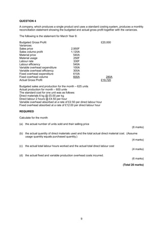 QUESTION 4

A company, which produces a single product and uses a standard costing system, produces a monthly
reconciliation statement showing the budgeted and actual gross profit together with the variances.

The following is the statement for March Year 8:

Budgeted Gross Profit                                               £20,000
Variances:
Sales price                                2,950F
Sales volume profit                        1,120A
Material price                               540A
Material usage                               250F
Labour rate                                  330F
Labour efficiency                            540A
Variable overhead expenditure                100A
Variable overhead efficiency                 300A
Fixed overhead expenditure                   610A
Fixed overhead volume                        600A                       280A
Actual Gross Profit                                                 £19,720

Budgeted sales and production for the month – 625 units
Actual production for month – 600 units
The standard cost for one unit was as follows:
Direct materials 6 kg @ £5.00 per kg
Direct labour 2 hours @ £4.50 per hour
Variable overhead absorbed at a rate of £2.50 per direct labour hour
Fixed overhead absorbed at a rate of £12.00 per direct labour hour

REQUIRED

Calculate for the month

(a) the actual number of units sold and their selling price
                                                                                               (6 marks)

(b) the actual quantity of direct materials used and the total actual direct material cost. (Assume
    usage quantity equals purchased quantity.)
                                                                                                (4 marks)

(c) the actual total labour hours worked and the actual total direct labour cost
                                                                                               (4 marks)

(d) the actual fixed and variable production overhead costs incurred.
                                                                                               (6 marks)

                                                                                       (Total 20 marks)




                                                    9
 