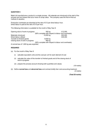 QUESTION 5

Makit Ltd manufactures a product in a single process. All materials are introduced at the start of the
process and any losses that occur have no scrap value. The company uses the first-in-first-out
method of valuation.

Production overheads are absorbed at the rate of £12 per direct labour hour.
Direct labour is paid at the rate of £10 per hour.

The following information is available for the month of May Year 8:

Opening stock of work-in-progress.              500 kg                 £12,000
                                  (60% complete with respect to labour and overheads)
Materials introduced                        10,000 kg                   £63,000
Direct labour utilised                                                  £26,400
Transfer to finished goods                    8,000 kg
Closing stock of work in progress               800 kg
                                  (50% complete with respect to labour and overheads)
A normal loss of 1,000 kg was expected.

REQUIRED

(a) For the month of May Year 8

    (i)    calculate equivalent units and the cost per unit for each element of cost

    (ii)   calculate the value of the transfer to finished goods and of the closing stock of
           work-in-progress

    (iii) prepare the process account showing both quantities and values.
                                                                                               (16 marks)

(b) Define normal loss and abnormal loss and contrast briefly their cost accounting treatment.
                                                                                          (4 marks)

                                                                                         (Total 20 marks)




                                                     11
 