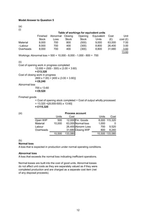Model Answer to Question 5

(a)
(i)
                                  Table of workings for equivalent units
                Finished    Abnormal Closing      Opening    Equivalent          Cost        Unit
                 Stock        Loss      Stock      Stock        Units             (£)     cost (£)
Material         8,000        700        800       (500)        9,000            63,000      7.00
–Labour          8,000        700        400       (300)        8,800            26,400      3.00
Overheads        8,000        700        400       (300)        8,800            31,680      3.60
                                                                                            13.60
Workings: Abnormal loss = 500 + 10,000 - 8,000 - 1,000 - 800 = 700

(ii)
Cost of opening work in progress completed
               12,000 + (500 - 300) x (3.00 + 3.60)
               = £13,320
Cost of closing work in progress
               (800 x 7.00) + [400 x (3.00 + 3.60)]
               = £8,240
Abnormal loss
               700 x 13.60
               = £9,520

Finished goods
             = Cost of opening stock completed + Cost of output wholly processed
             = 13,320 +[(8,000-500) x 13.60]
             = £115,320

(iii)                                    Process account
                                Units       Cost                          Units    Cost
              Open WIP            500     12,000 Fin. Goods               8,000 115,320
              Material         10,000     63,000 Normal loss              1,000       0
              Labour                      26,400 Abnorm Loss                700   9,520
              Overheads                   31,680 Closing WIP                800   8,240
                               10,500    133,080                         10,500 133,080

(b)
Normal loss
A loss that is expected in production under normal operating conditions.

Abnormal loss
A loss that exceeds the normal loss indicating inefficient operations.

Normal losses are built into the cost of good units. Abnormal losses
do not affect unit costs as they are separately valued as if they were
completed production and are charged as a separate cost item (net
of any disposal proceeds).




                                                   12
 