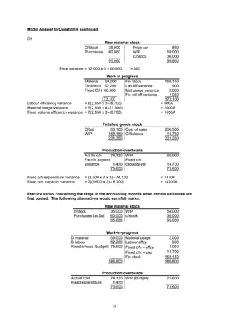 Model Answer to Question 6 continued

(b)
                                              Raw material stock
                                 O/Stock       35,000        Price var            860
                                 Purchases     60,860        WIP               59,000
                                                             C/Stock           36,000
                                               95,860                          95,860

                  Price variance = 12,000 x 5 – 60,860        = 860

                                              Work in progress
                                 Material    59,000     Fin Stock              168,150
                                 Dir labour 52,200      Lab eff variance           900
                                 Fixed O/H 60,900       Mat usage variance       2,000
                                                        Fix vol eff variance     1,050
                                           172,100                             172,100
Labour efficiency variance       = 6(2,850 x 3 - 8,700)                      = 900A
Material usage variance          = 5(2,850 x 4 -11,800)                      = 2000A
Fixed volume efficiency variance = 7(2,850 x 3 - 8,700)                      = 1050A


                                             Finished goods stock
                                 O/bal            53,100 Cost of sales        206,500
                                 WIP            168,150 C/Balance              14,750
                                                221,250                       221,250


                                             Production overheads
                                 Act fix o/h     74,130 WIP                    60,900
                                 Fix o/h expend          Fixed o/h
                                 variance         1,470 capacity var           14,700
                                                 75,600                        75,600

Fixed o/h expenditure variance   = (3,600 x 7 x 3) - 74,130                = 1470F
Fixed o/h capacity variance      = 7[(3,600 x 3) - 8,700]                  = 14700A


Practice varies concerning the stage in the accounting records when certain variances are
first posted. The following alternatives would earn full marks:

                                            Raw material stock
                          o/stock             35,000 WIP                       59,000
                          Purchases (at Std) 60,000 c/stock                    36,000
                                              95,000                           95,000


                                            Work-in-progress
                         D material            59,000 Material usage            2,000
                         D labour              52,200 Labour effcy                900
                         Fixed o/head (budget) 75,600 Fixed o/h − effcy         1,050
                                                      Fixed o/h − cap          14,700
                                                      Fin stock               168,150
                                              186,800                         186,800


                                             Production overheads
                         Actual cost             74,130 WIP (Budget)          75,600
                         Fixed expenditure        1,470                       ______
                                                 75,600                        75,600




                                                  15
 