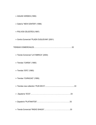 ➢ AGUAS VERDES (1995)



 ➢ Galería “NEW CENTER” (1996)



 ➢ POLVOS CELESTES (1997)



 ➢ Centro Comercial “PLAZA CUGLIEVAN” (2001)



TIENDAS COMERCIALES…………………………………………………………32



 ➢ Tienda Comercial “LA FABRICA” (2004)



 ➢ Tiendas “CARSA” (1960)



 ➢ Tiendas “EFE” (1965)



 ➢ Tiendas “CURACAO” (1999):



 ➢ Tiendas new collection “PUN KIN´S”.............................................................33



 ➢ Zapatería “ECO”…………………………………………………………….33



 ➢ Zapatería “PLATANITOS”…………………………………………………33



 ➢ Tienda Comercial “RADIO SHACK”………………………………………33
 