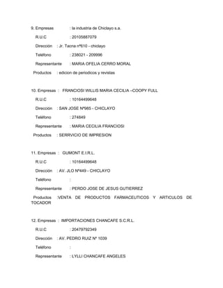 9. Empresas          : la industria de Chiclayo s.a.

  R.U.C              : 20105887079

  Dirección   : Jr. Tacna nª610 - chiclayo

  Teléfono           : 238021 - 209996

  Representante      : MARIA OFELIA CERRO MORAL

 Productos    : edicion de periodicos y revistas



10. Empresas : FRANCIOSI WILLIS MARIA CECILIA –COOPY FULL

  R.U.C              : 10164499648

  Dirección   : SAN JOSE Nª985 - CHICLAYO

  Teléfono           : 274849

  Representante      : MARIA CECILIA FRANCIOSI

 Productos    : SERRVICIO DE IMPRESION



11. Empresas : GUMONT E.I.R.L.

  R.U.C              : 10164499648

  Dirección   : AV. JLO Nª449 - CHICLAYO

  Teléfono           :

  Representante      : PERDO JOSE DE JESUS GUTIERREZ

 Productos    :VENTA DE PRODUCTOS FARMACEUTICOS Y ARTICULOS DE
TOCADOR



12. Empresas : IMPORTACIONES CHANCAFE S.C.R.L.

  R.U.C              : 20479792349

  Dirección   : AV. PEDRO RUIZ Nº 1039

  Teléfono           :

  Representante      : LYLLI CHANCAFE ANGELES
 
