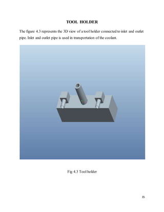 35
TOOL HOLDER
The figure 4.3 represents the 3D view of a tool holder connected to inlet and outlet
pipe. Inlet and outlet pipe is used in transportation of the coolant.
Fig 4.3 Tool holder
 