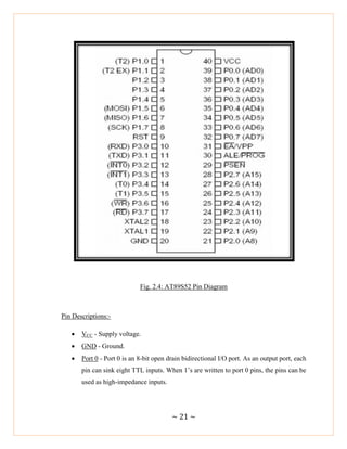 ~ 21 ~
Fig. 2.4: AT89S52 Pin Diagram
Pin Descriptions:-
 VCC - Supply voltage.
 GND - Ground.
 Port 0 - Port 0 is an 8-bit open drain bidirectional I/O port. As an output port, each
pin can sink eight TTL inputs. When 1‘s are written to port 0 pins, the pins can be
used as high-impedance inputs.
 