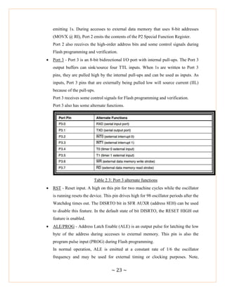 ~ 23 ~
emitting 1s. During accesses to external data memory that uses 8-bit addresses
(MOVX @ RI), Port 2 emits the contents of the P2 Special Function Register.
Port 2 also receives the high-order address bits and some control signals during
Flash programming and verification.
 Port 3 - Port 3 is an 8-bit bidirectional I/O port with internal pull-ups. The Port 3
output buffers can sink/source four TTL inputs. When 1s are written to Port 3
pins, they are pulled high by the internal pull-ups and can be used as inputs. As
inputs, Port 3 pins that are externally being pulled low will source current (IIL)
because of the pull-ups.
Port 3 receives some control signals for Flash programming and verification.
Port 3 also has some alternate functions.
Table 2.3: Port 3 alternate functions
 RST - Reset input. A high on this pin for two machine cycles while the oscillator
is running resets the device. This pin drives high for 98 oscillator periods after the
Watchdog times out. The DISRTO bit in SFR AUXR (address 8EH) can be used
to disable this feature. In the default state of bit DISRTO, the RESET HIGH out
feature is enabled.
 ALE/PROG - Address Latch Enable (ALE) is an output pulse for latching the low
byte of the address during accesses to external memory. This pin is also the
program pulse input (PROG) during Flash programming.
In normal operation, ALE is emitted at a constant rate of 1/6 the oscillator
frequency and may be used for external timing or clocking purposes. Note,
 