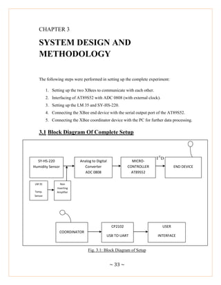 ~ 33 ~
CHAPTER 3
SYSTEM DESIGN AND
METHODOLOGY
The following steps were performed in setting up the complete experiment:
1. Setting up the two XBees to communicate with each other.
2. Interfacing of AT89S52 with ADC 0808 (with external clock).
3. Setting up the LM 35 and SY-HS-220.
4. Connecting the XBee end device with the serial output port of the AT89S52.
5. Connecting the XBee coordinator device with the PC for further data processing.
3.1 Block Diagram Of Complete Setup
TX
D
Fig. 3.1: Block Diagram of Setup
SY-HS-220
Humidity Sensor
Analog to Digital
Converter
ADC 0808
MICRO-
CONTROLLER
AT89S52
END DEVICE
LM 35
Temp.
Sensor
Non
Inverting
Amplifier
COORDINATOR
USER
INTERFACE
CP2102
USB TO UART
 