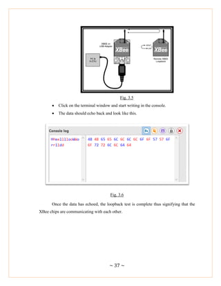 ~ 37 ~
Fig. 3.5
 Click on the terminal window and start writing in the console.
 The data should echo back and look like this.
Fig. 3.6
Once the data has echoed, the loopback test is complete thus signifying that the
XBee chips are communicating with each other.
 