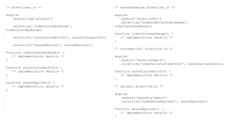 /* directives.js */
angular
.module('app.project')
.directive('orderCalendarRange',
orderCalendarRange)
.directive('salesCustomerInfo', salesCustomerInfo)
.directive('sharedSpinner', sharedSpinner);
function orderCalendarRange() {
/* implementation details */
}
function salesCustomerInfo() {
/* implementation details */
}
function sharedSpinner() {
/* implementation details */
}
/* calendarRange.directive.js */
angular
.module('sales.order')
.directive('acmeOrderCalendarRange',
orderCalendarRange);
function orderCalendarRange() {
/* implementation details */
}
/* customerInfo.directive.js */
angular
.module('sales.widgets')
.directive('acmeSalesCustomerInfo', salesCustomerInfo);
function salesCustomerInfo() {
/* implementation details */
}
/* spinner.directive.js */
angular
.module('shared.widgets')
.directive('acmeSharedSpinner', sharedSpinner);
function sharedSpinner() {
/* implementation details */
}
 