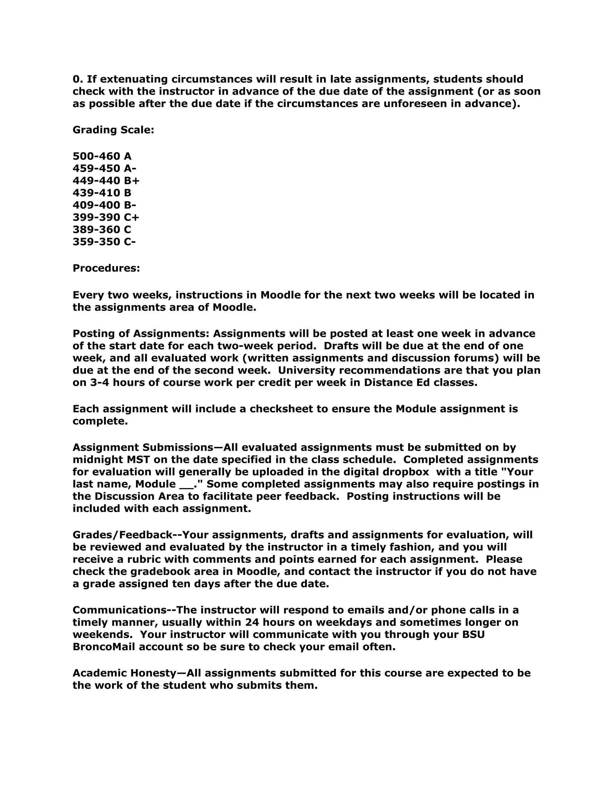 0. If extenuating circumstances will result in late assignments, students should
check with the instructor in advance of the due date of the assignment (or as soon
as possible after the due date if the circumstances are unforeseen in advance).

Grading Scale:

500-460   A
459-450   A-
449-440   B+
439-410   B
409-400   B-
399-390   C+
389-360   C
359-350   C-

Procedures:

Every two weeks, instructions in Moodle for the next two weeks will be located in
the assignments area of Moodle.

Posting of Assignments: Assignments will be posted at least one week in advance
of the start date for each two-week period. Drafts will be due at the end of one
week, and all evaluated work (written assignments and discussion forums) will be
due at the end of the second week. University recommendations are that you plan
on 3-4 hours of course work per credit per week in Distance Ed classes.

Each assignment will include a checksheet to ensure the Module assignment is
complete.

Assignment Submissions—All evaluated assignments must be submitted on by
midnight MST on the date specified in the class schedule. Completed assignments
for evaluation will generally be uploaded in the digital dropbox with a title "Your
last name, Module __." Some completed assignments may also require postings in
the Discussion Area to facilitate peer feedback. Posting instructions will be
included with each assignment.

Grades/Feedback--Your assignments, drafts and assignments for evaluation, will
be reviewed and evaluated by the instructor in a timely fashion, and you will
receive a rubric with comments and points earned for each assignment. Please
check the gradebook area in Moodle, and contact the instructor if you do not have
a grade assigned ten days after the due date.

Communications--The instructor will respond to emails and/or phone calls in a
timely manner, usually within 24 hours on weekdays and sometimes longer on
weekends. Your instructor will communicate with you through your BSU
BroncoMail account so be sure to check your email often.

Academic Honesty—All assignments submitted for this course are expected to be
the work of the student who submits them.
 