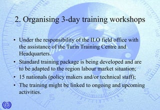 2. Organising 3-day training workshops
• Under the responsibility of the ILO field office with
the assistance of the Turin Training Centre and
Headquarters.
• Standard training package is being developed and are
to be adapted to the region labour market situation;
• 15 nationals (policy makers and/or technical staff);
• The training might be linked to ongoing and upcoming
activities.
 