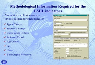 Methodological Information Required for the
LMIL indicators
 Type of Source
 Scope of Coverage
 Classification Systems
 Reference Period
 Age Groups
 Sex
 Notes
 Bibliographic References
Modalities and limitations are
strictly defined for each indicator.
 