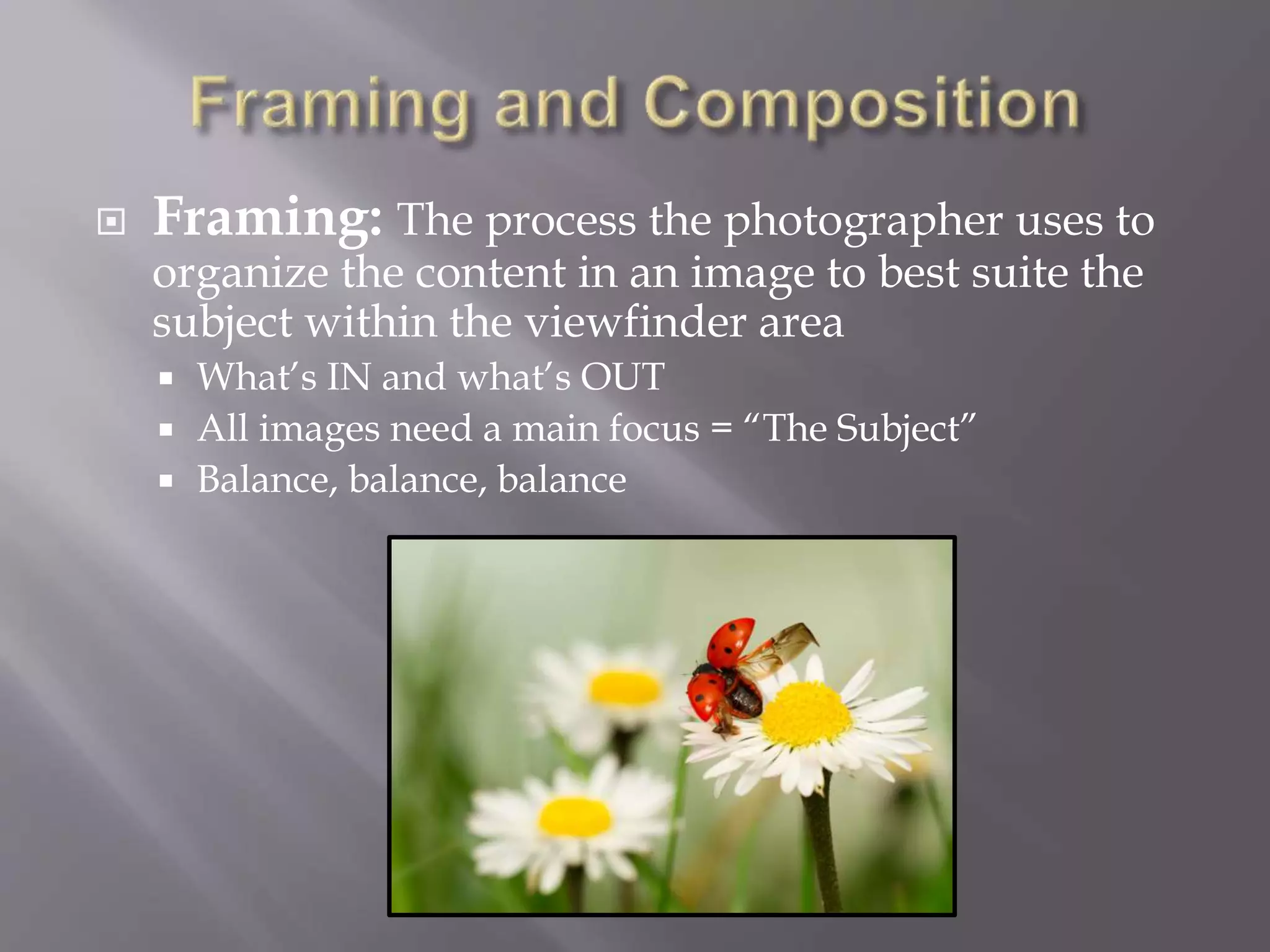  Framing: The process the photographer uses to
organize the content in an image to best suite the
subject within the viewfinder area
 What’s IN and what’s OUT
 All images need a main focus = “The Subject”
 Balance, balance, balance
 