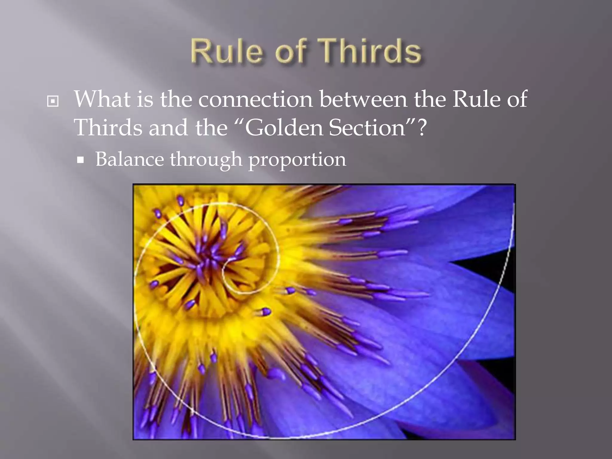  What is the connection between the Rule of
Thirds and the “Golden Section”?
 Balance through proportion
 