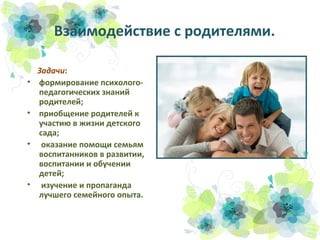Взаимодействие с родителями.
•
•
•

•

Задачи:
формирование психологопедагогических знаний
родителей;
приобщение родителей к
участию в жизни детского
сада;
оказание помощи семьям
воспитанников в развитии,
воспитании и обучении
детей;
изучение и пропаганда
лучшего семейного опыта.

 