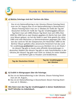 Le kt
ion
5 Stunde 61. Nationale Feiertage
4 a) Welche Feiertage sind das? Sortiere die Sätze.
Das ist ein Nationalfeiertag in der Ukraine./Diesen Feiertag feiert
man am 24. August./Das ist ein Nationalfeiertag in Deutschland./
Diesen Feiertag feiert man am 3. Oktober./Er heißt der Tag der
Deutschen Einheit./Er heißt der Tag der Unabhängigkeit./Diesen
Tag feiert man seit 1990./Diesen Tag feiert man seit 1991./Von
1949 bis 1990 hat es zwei Staaten gegeben./In Berlin hat man 1961
eine Mauer gebaut, sie hat die Stadt in zwei Teile geteilt./Im Jahre
1989 sind viele Menschen zu Demonstrationen gegangen./Bis 1991
war das Land ein Teil der Sowjetunion./Im November 1989 ist die
Berliner Mauer gefallen./Das ukrainische Parlament hat das Land
für unabhängig proklamiert (проголосив)./Seitdem ist es ein Staat./
An diesem Tag gibt es heute viele offizielle Veranstaltungen in
deutschen Städten./An diesem Tag gibt es viele Feierlichkeiten in der
Ukraine./An diesem Tag geht man nicht zur Arbeit./In vielen Städten
und Dörfern gibt es Paraden und Straßenfeste.
Tag der Deutschen Einheit
Tag der Unabhängigkeit
der Ukraine
… …
b) Erzählt in Kleingruppen über die Feiertage.
A: Das ist ein Nationalfeiertag in der Ukraine. Diesen Feiertag feiert
man am 24. August…
B: Das ist ein Nationalfeiertag in Deutschland. Diesen Feiertag feiert
man am 3. Oktober…
5 Wie feiert man den Tag der Unabhängigkeit in deiner Stadt/deinem
Dorf? Schreibe ins Arbeitsbuch.
4
5
Тема 5. Свята і традиції
131
www.e-ranok.com.ua
 